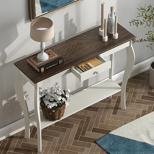 ChooChoo Narrow Farmhouse Console Table with Drawer, Chic Accent Sofa Entryway Table with Shelves for Entryway, Living Room, Hallway, Soft White - color: Soft White, size: 11.8"D x 39.3"W x 31.4"H
