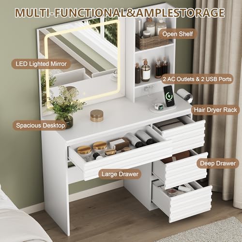 Makeup Vanity Desk with Lights, Fluted Vanity with 4 Drawers, Open Shelves, Power Outlet, LED Lighted Mirror, 3 Lighting Modes & Brightness Adjustable, Wood Dressing Table for Bedroom,White - color: White