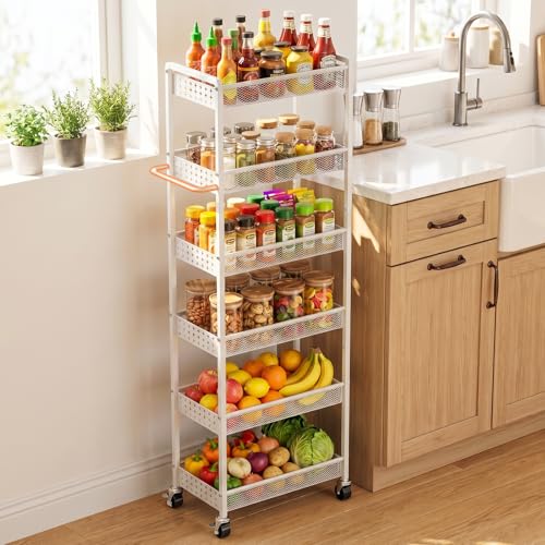 6 Tier Slim Storage Cart with Wheels, 10" D Rolling Storage Cart for Small Space, Metal Narrow Spice Cabinet Mobile Shelving Unit Organizer with Handle for Kitchen, Laundry - White - color: White-slim Cart