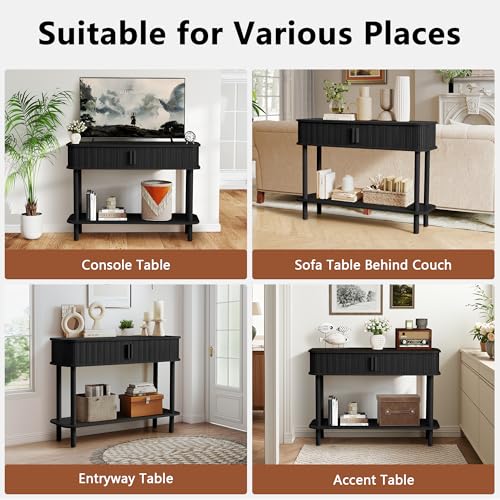 RARZOE Console Table with Storage, Fluted Entryway Table with Sliding Door&Open Shelf, Sofa Table Behind Couch, Mid-Century Modern Accent Table for Hallway, Entrance, Foyer, Fully Assembled(Black)