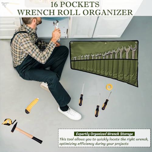 BLIRITEL 16 Pockets Wrench Roll Up Pouch, Wrench Roll Organizer and Tool Storage, Rolled Tool Pouch for Mechanic Electrician Craftsman (Green) - color: Green