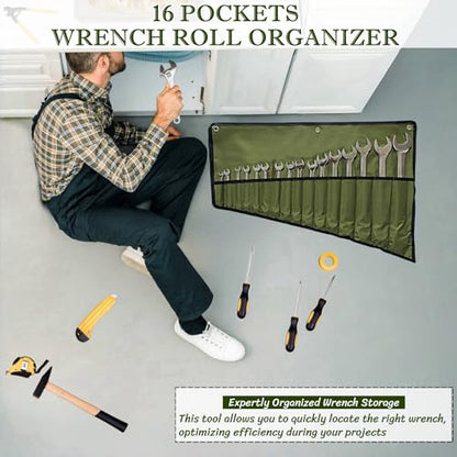 BLIRITEL 16 Pockets Wrench Roll Up Pouch, Wrench Roll Organizer and Tool Storage, Rolled Tool Pouch for Mechanic Electrician Craftsman (Green) - color: Green