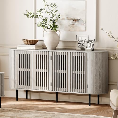 WAMPAT 64.4" Fluted TV Stand, Wood Entertainment Center for TVs Up to 70 inches, Curved Edge Media Console Table with Doors and Shelves for Living Room, Bedroom, White Washed - color: White Washed