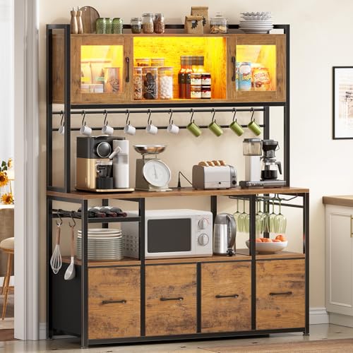 Itaar Bakers Rack with Power Outlet and LED Light, 47.2'' Microwave Stand with Storage, Kitchen Coffee Bar Cabinet with Glass Door, 4 Drawer, Wine Rack, Goblet Holder and 12 Hooks, Rustic Brown - color: Rustic Brown