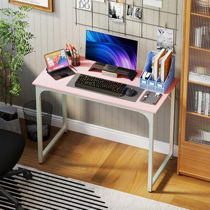 Dkelincs 40 Inch Small Computer Desk Home Office Desk Writing Desk Modern Simple Style Study Work Table with Metal Frame, Easy Assembly, Adjustable Feet, Water-Resistant, Scratchproof Surface, Pink - color: Pink, size: 40 Inch