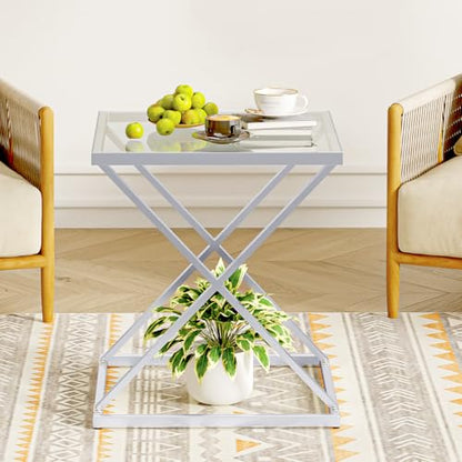 Square End Table with Tempered Glass Top, Stylish X-Shaped Metal Frame, Living Room Coffee Table, Sofa Side Table, Accent Tables for Small Spaces, Modern Bedside Table for Bedroom (Silver) - color: Silver, style: Style 3
