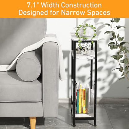 THUMEYE 7.1" Narrow Side Table for Small Spaces, 3 Tier Small End Table with Magazine Holder, Slim/Skinny Nightstand/Bedside Table for Living Room, Bedroom, 15.4" L x 24.2" H, Faux White Marble - color: Faux White Marble