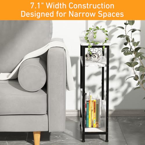 THUMEYE 7.1" Narrow Side Table for Small Spaces, 3 Tier Small End Table with Magazine Holder, Slim/Skinny Nightstand/Bedside Table for Living Room, Bedroom, 15.4" L x 24.2" H, Faux White Marble - color: Faux White Marble