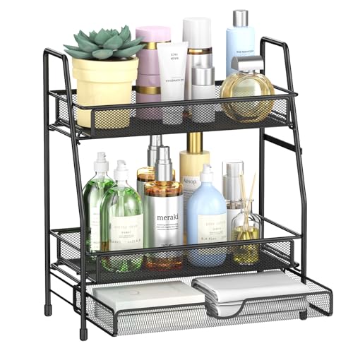 2-Tier Bathroom Counter Organizer with Drawer, Bathroom and Makeup Organizer Countertop, Easy to Install, Ideal for Bathroom organizer, Vanity, Large Skincare, Perfume, Present, and More,Black - color: Black-drawer