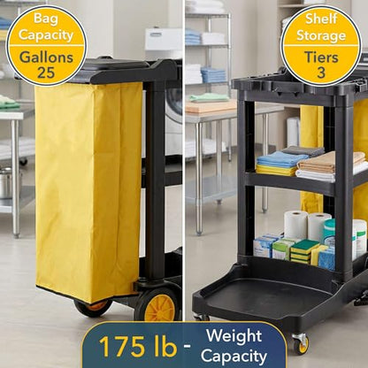 44” x 18” x 38” Black 3-Shelf Janitorial Cart Kit - Commercial Housekeeping Cart with Yellow Bag, Black Zippered Bag, Lid, Folding Handle for Hotels, Offices, Schools - 175 lb Capacity - size: Small (Black)
