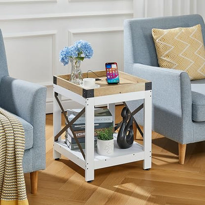 Farmhouse Square 2 Tier Side Table with Charging Station,White+Oak | End Table Sofa Table With X-Metal Frame Industrial Coffee Table Nightstand for Living Room Bedroom Small Spaces - color: White+oak, style: With Outlets