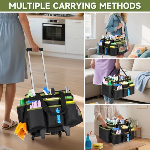 Large Rolling Cleaning Caddy Bag with Detachable Trolley,Cleaning Cart on Wheels with Shoulder Strap,Cleaning Supplies Organizer for Housekeepers,Green - color: Green