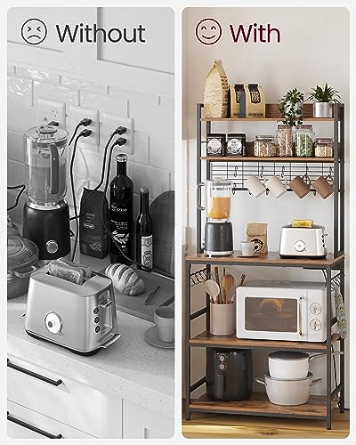 VASAGLE Bakers Rack with Power Outlet, Microwave Stand, Kitchen Tall Utility Storage Shelf, with Metal Wire Panel, 14 Hooks, 15.7 x 31.5 x 66.9 Inches, Rustic Brown and Ink Black UKKS025B01 - color: Rustic Brown + Ink Black, size: 31.5"W