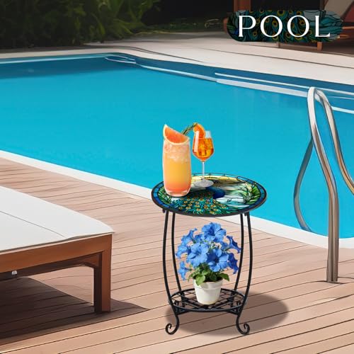 Cinnvoice Outdoor Side Table Round Small Mosaic Patio Accent Indoor End Plant Coffee Tea Table for Yard Patio Porch Garden Living Room, Bedroom(Peacock Style,12 Inch) - size: 12 Inch, style: Peacock Style