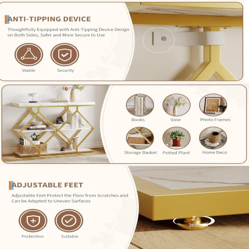 Garvee 3 Tier Console Table,39" Industrial Entryway Table,Open Wood Shelves | Sofa Table,Narrow Wood Accent Tables with Metal Frame for Hallway,Living Room,Behind Couch,Foyer,Entrance,White - color: White + Diamond-shaped