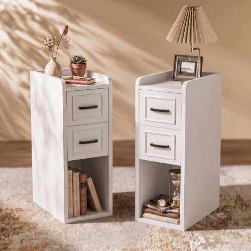 Narrow Nightstand Set of 2, Modern White Bedside Table with Drawers & Open Shelf, Modern End Table for Bedroom Small Spaces, Apartments, Renters - color: Narrow White