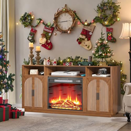 59 Inch Fireplace TV Stand with 23'' Electric Fireplace, Mid Century Modern Fluted Entertainment Center for TVs up to 65", TV Console with Storage for Living Room, Bedroom (Walnut,With Fireplace) - size: With Fireplace