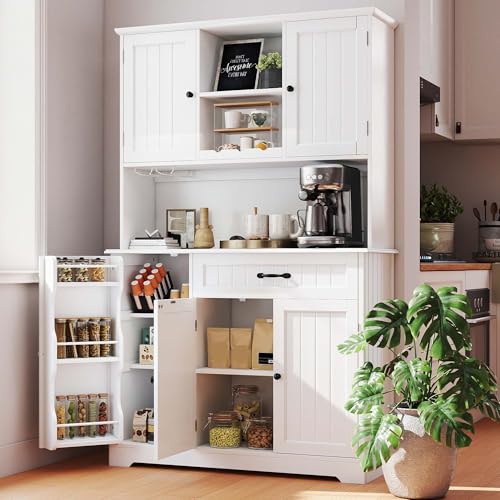Gizoon Tall Kitchen Storage Cabinet with Door and Shelves, 67" Kitchen Pantry Cabinet Large Coffee Bar Hutch with Storage for Dining Room, Painted White - color: White