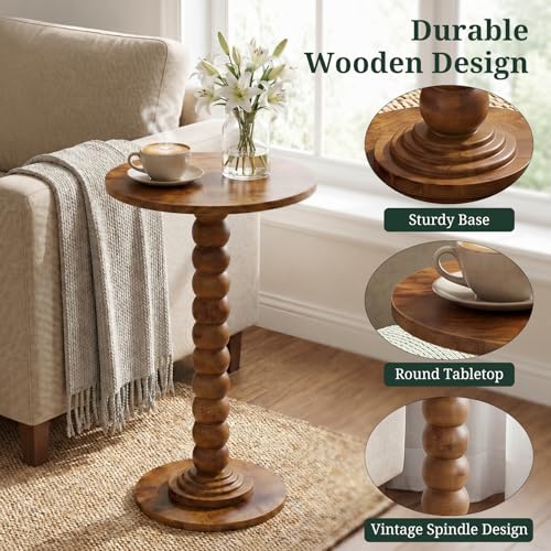 Round Side Table for Small Spaces, Modern Pedestal End Table with Solid Wood Spindle Leg, Small Drink Table Accent Nightstand for Living Room, Bedroom, Sofa Side, Apartment & Office, Brown - color: Brown