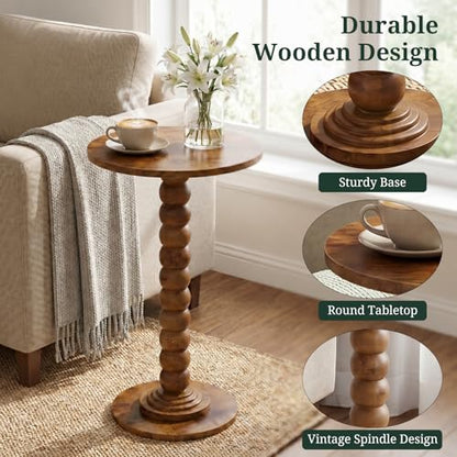 Round Side Table for Small Spaces, Modern Pedestal End Table with Solid Wood Spindle Leg, Small Drink Table Accent Nightstand for Living Room, Bedroom, Sofa Side, Apartment & Office, Brown - color: Brown