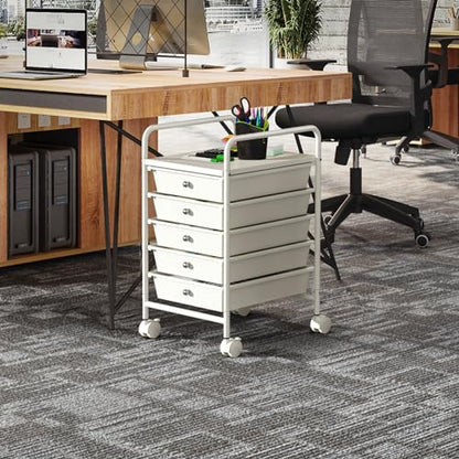 5-Tier Rolling Cart with 5 Drawers, Rolling Utility Cart with 2 Lockable Caster Wheels, Multipurpose Mobile Rolling Storage Drawer Cart for Office Bathroom Kitchen, Ivory White - size: White, 5-Tier