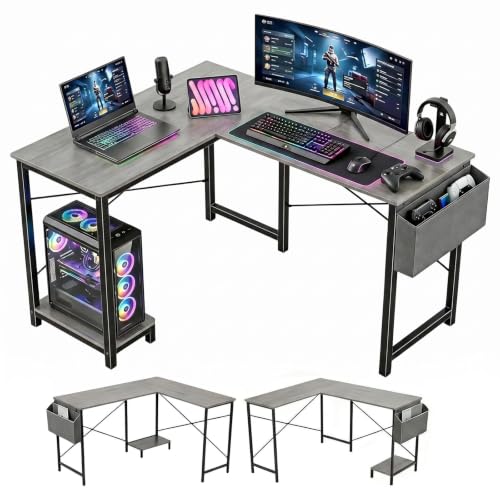 L Shaped Desk, 50 Inch Reversible Computer Desk Corner Gaming Table with CPU Stand & Storage Bag, Sturdy Metal Frame PC Workstation for Home Office - color: Grey Wood