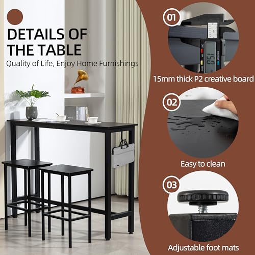 Finnhomy 52.7" Industrial Bar Table Set with 2 Stools - Counter Height Dining & Pub Table for Small Spaces, Kitchen, Apartment, Breakfast Nook - Metal & Wood, Space-Saving Furniture - Rustic Black - color: Rustic Black, size: 52.7" Bar Table