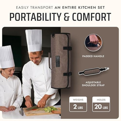 Asaya Waxed Nylon Chef Knife Roll Bag with 20 Slots and Zippered Pockets - Professional Chef Knife Bag & Storage Case, Tool Carrier with Shoulder Strap - Knives Not Included (Brown) - color: Brown
