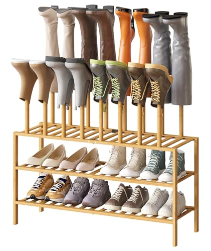kiplant Tall Boot Rack Organizer - 8 Pair Boot Rack Bamboo Wood Shoe Rack for Entryway & Closet, Holds Tall Boots - color: Natural, size: 3 Tier-Large