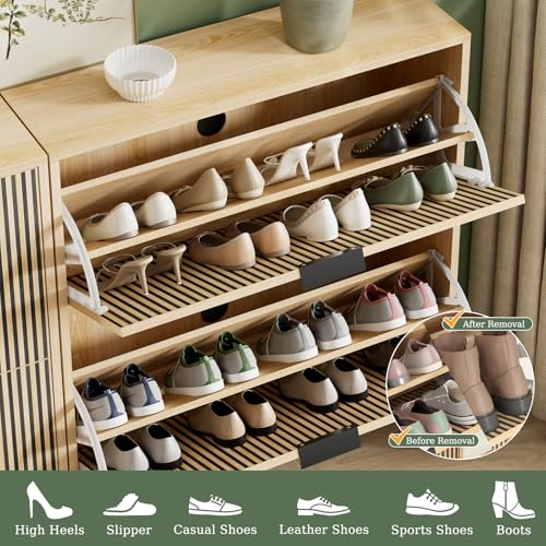 Shoe Cabinet Storage Entryway Slim, Shoe Organizer Cabinet with 2 Flip Drawers, Modern Freestanding Hidden Shoe Rack for Entryway, Natural Wood - size: 2 Flip Drawers