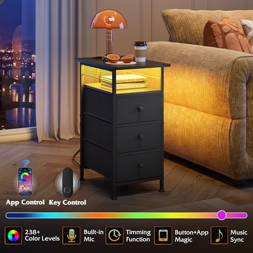 WLIVE Narrow Side Table with Charging Station, End Table with LED Lights,3 Fabric Drawers and Open Shelf, Bed Side Tables Living Room, Small Spaces, Bedroom, Black - color: Black, size: 3 Drawers