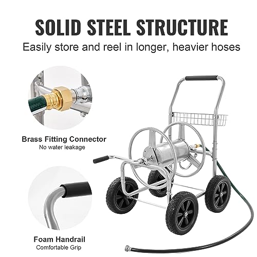 VEVOR Hose Reel Cart, 250 ft 5/8" Hose Capacity, 4 Wheels | Heavy Duty Powder-coated Steel, Storage Basket, Mobile Tools, For Garden, Yard, Lawn - style: 250 ft