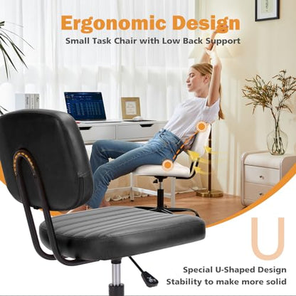 Sweetcrispy Small Office Desk Chair, Armless PU Leather with Comfy Lumbar Support, Height Adjustable Rolling Swivel Task for No Arms, for Adult, Student, Bedroom, Home, Vanity, Black - color: Dark Black