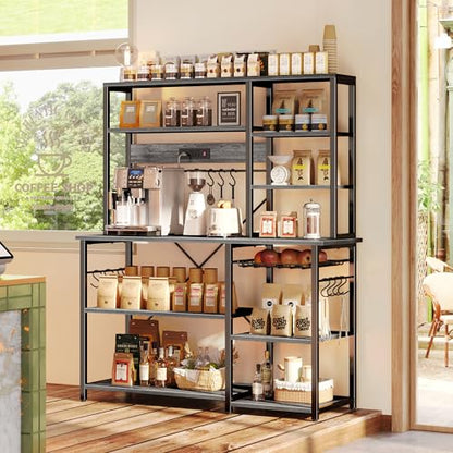 SUPERJARE Larger Bakers Rack with Power Outlets, 6-Tier Microwave Stand, Coffee Bar with 12 S-Shaped Hooks, Kitchen Shelf with Wire Basket, 47.2 x 15.5X 66.9 Inches, Grey - color: Charcoal Gray, size: 47.2inch