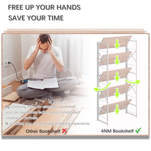 4NM 5 Tiers No Assembly Book Shelves, 51.2" H Folding Bookshelf Bookcase Open Industrial Foldable Shelves for Bedroom, Living Room, Home Office - Natural White - color: Natural White, size: XX 5-Tier