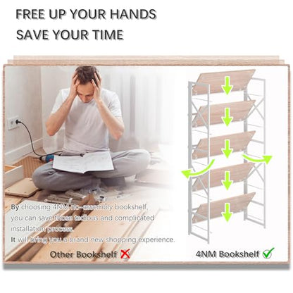 4NM 5 Tiers No Assembly Book Shelves, 51.2" H Folding Bookshelf Bookcase Open Industrial Foldable Shelves for Bedroom, Living Room, Home Office - Natural White - color: Natural White, size: XX 5-Tier