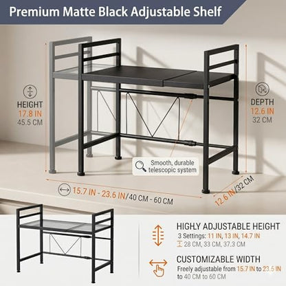 PUSDON Textured Black Microwave Oven Rack, Expandable 2-Tier Kitchen Countertop Organizer, Heavy Duty Carbon Steel Stand with 3 Hooks, Adjustable Height & Length - color: Textured Black, size: H-frame 2 tier