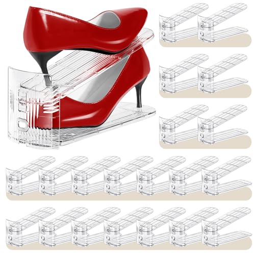 Shoe Slots Organizer 20 Pack - Shoe Stackers, 3 Levels Adjustable, Space Savers 50%, Double Layer Holders for Closet (Transparent), Organizador de Zapatos - color: 20pack Clear