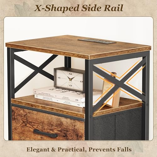 Huuger Nightstands Set of 2, Night Stand with Charger Station, 2 Drawer Side Table with Open Shelf, USB-C Port, End Table for Small Spaces, X Shaped Side Rail, Rustic Brown - color: Rustic Brown