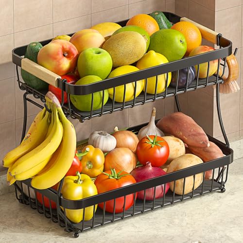 Sevenblue 2-Tier Fruit Basket with Banana Hangers, Detachable Metal Bowl | Wooden handle, protective mats included. Versatile holder for bread, snacks, and veggies. Extra Large 2 tier metal design. - color: Black, size: 2 Tier Extra Large