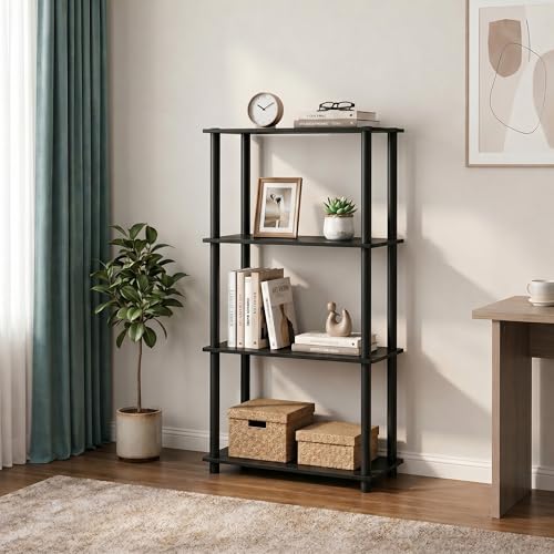 Furinno Turn-N-Tube Storage Shelves, 4-Tier Book Shelf, Corner Shelf, Toolless Open Shelves, for Organization and Storage, Living Room, Bedroom, Entryway, Laundry, Amber Oak - color: Amber Oak/Black, size: 4-Tier