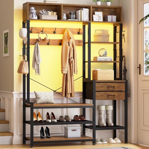 Itaar Hall Tree with Bench and Shoe Storage, 7-in-1 Entryway Bench with Coat Rack, 3 Storage Cubbies, 3 Open Shelves, 17 Coat Hooks, 2 Fabric Drawers (Rustic Brown) - color: Rustic Brown