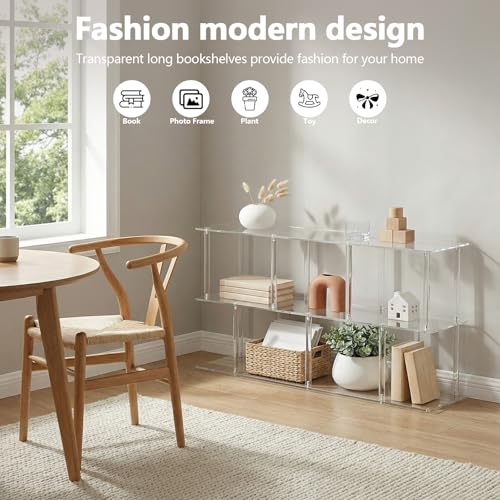 3-Tier Acrylic Low Bookshelf 11.8''D X 47.2''W X 24.6''H Clear Long Bookcase with Large Storage Cube Organizer Shelf Easy Assembly for Office Living Room Bedroom