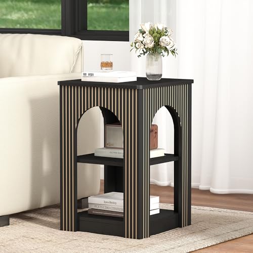 weselon End Table Set of 2, Mid-Century Modern Side Table with 3-Tier Storage Shelves and Arched Carving Lines, Square Fluted Nightstand for Living Room, Bedroom, or Office (2, Black) - color: Black