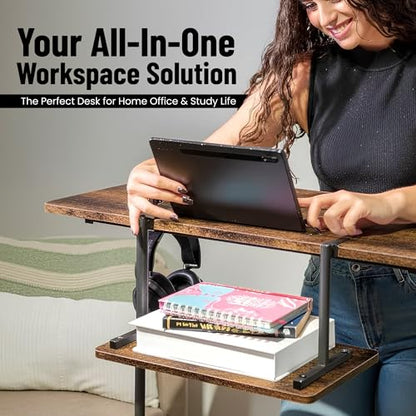 Small Rolling Desk with Wheels, Adjustable Height 27"-43.3" Portable Standing Desk, 31.5"x15.7" Tabletop, Mobile Laptop Computer Table for Home Office Workstation, Rustic Brown - color: Rustic Brown