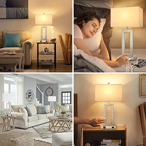 22'' Tall Table Lamps for Bedroom Set of 2, Silver Bedside Touch Control Lamp with 2 USB Ports&AC Outlet, Modern Living Room Table Lamp for Nightstand End Table, 3-Way Dimming with 2 E26 Edison Bulbs | 3 Way Dimmable, Touch Control, White Fabric Shade, E2