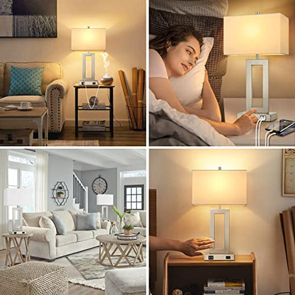 22'' Tall Table Lamps for Bedroom Set of 2, Silver Bedside Touch Control Lamp with 2 USB Ports&AC Outlet, Modern Living Room Table Lamp for Nightstand End Table, 3-Way Dimming with 2 E26 Edison Bulbs | 3 Way Dimmable, Touch Control, White Fabric Shade, E2
