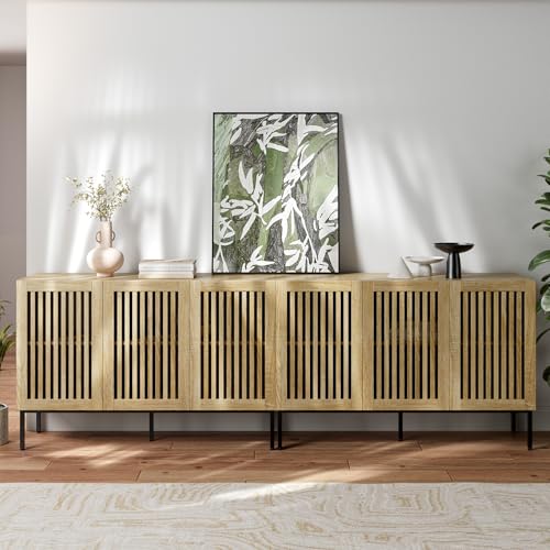 BVIUNTWO Buffet Cabinet with Storage,Set of 2 Farmhouse Console Table with Metal Base and Adjustable Shelves,Sideboard Coffee Bar Cabinet with 6 Doors for Kitchen,Dining Room,Living Room,Oak - color: Oak, size: 95 Inch