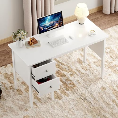 BHG Computer Desk with Drawers,Modern White Home Office Desk with Storage Filing Cabinet, Vanity Desk Makeup Dressing Table for Bedroom,Small Writing Table PC Desks for Study(White, 43.3") - color: White