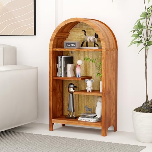 43.3" Tall Freestanding Arched Wooden Bookshelf with 4-Tier Shelf, Modern Asymmetrical Open Shelf Display Curved Book Case, Entryway Accent Short Arched Bookcase for Office, Kitchen, Living Room - color: Asymmetrical Walnut 43.3"